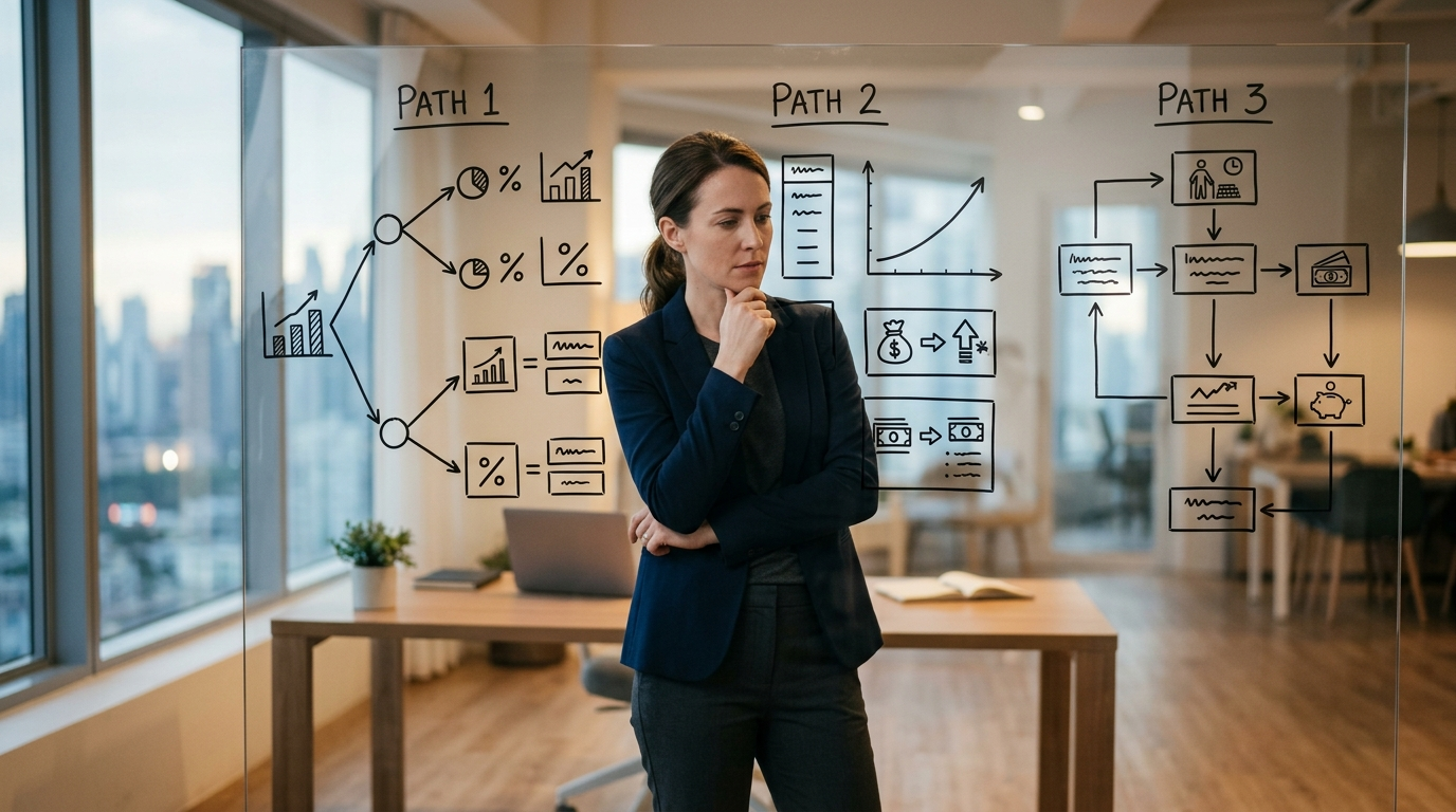 Person reviewing different financial paths on a glass board.