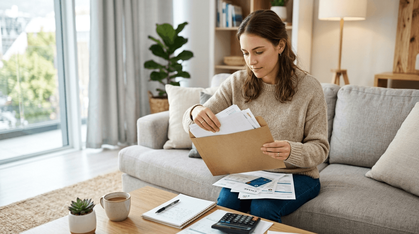 Woman reviewing bills and mail with calculator and notes on couch.
