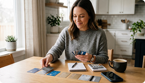 Woman organizing multiple credit cards at a table with calculator and notebook.