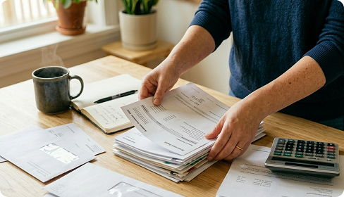 Person sorting bills and statements at a kitchen table.