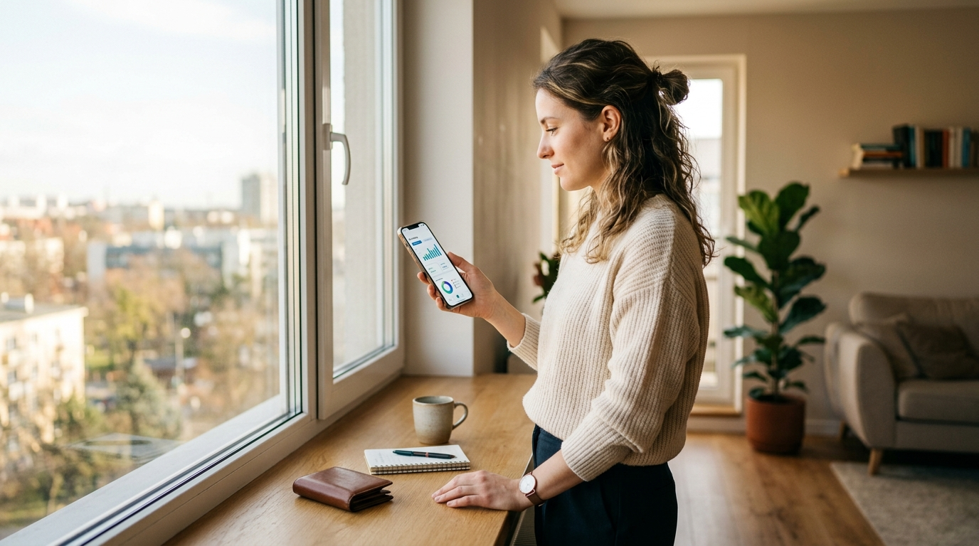 Person checking financial information on a phone by window.