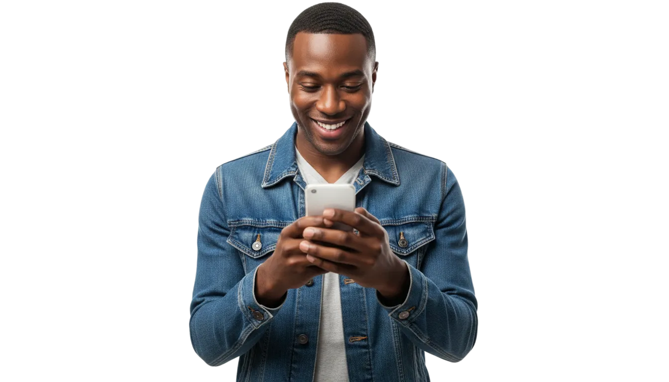 Man in denim jacket smiling while using his smartphone.