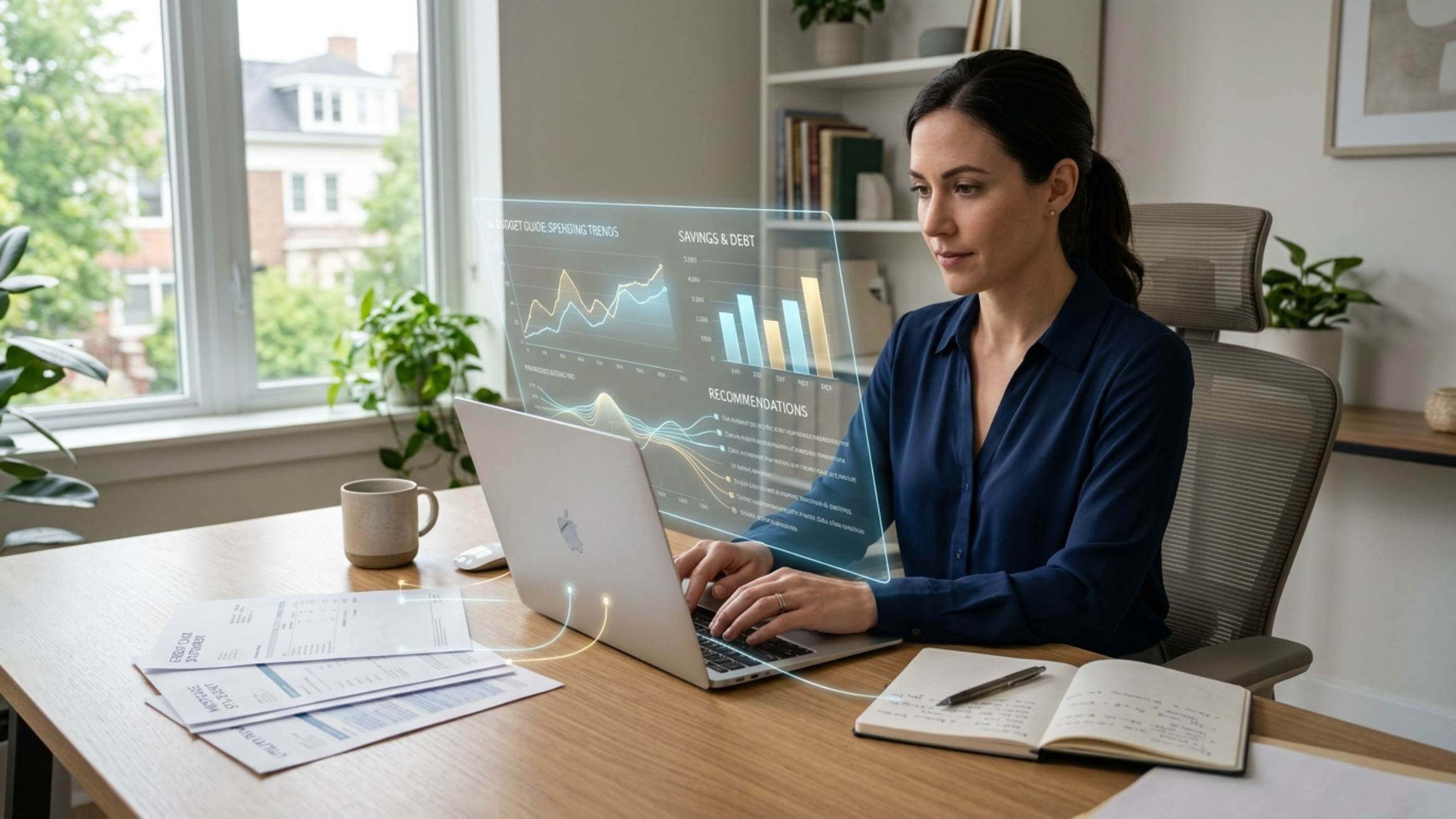 Woman using laptop with projected savings and debt dashboard.