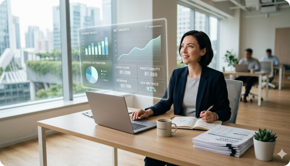 Woman reviewing expenses, credit score, and debt payoff dashboard.